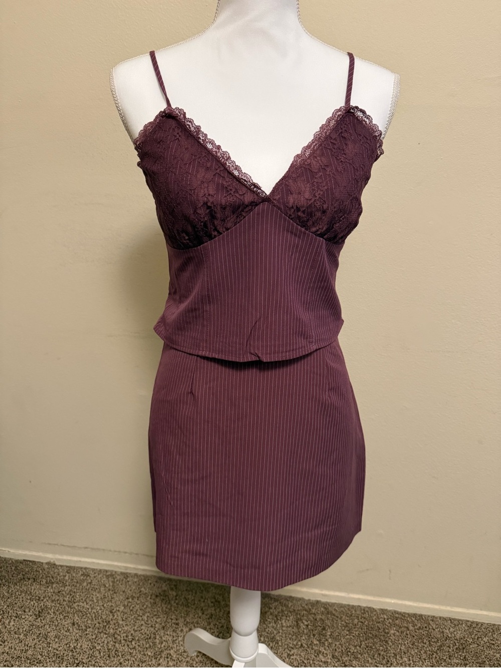 PRINCESS POLLY 2 piece Lace-Trim Cami Slip Dress in Deep Plum